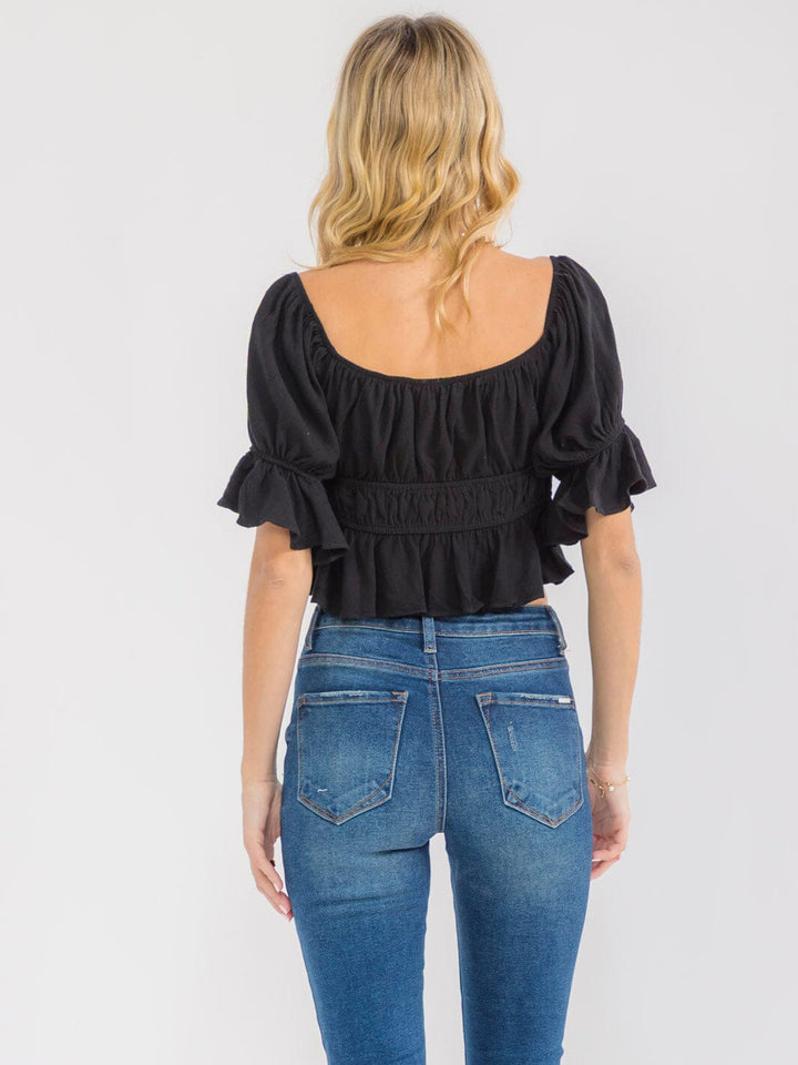 WOMEN'S SHORT SLEEVE LACE UP FRONT ELASTIC WAIST CROP TOP