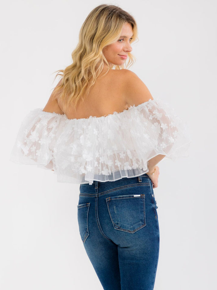 WOMEN'S SHORT SLEEVE OFF SHOULDER FLORAL LACE CROP TOP