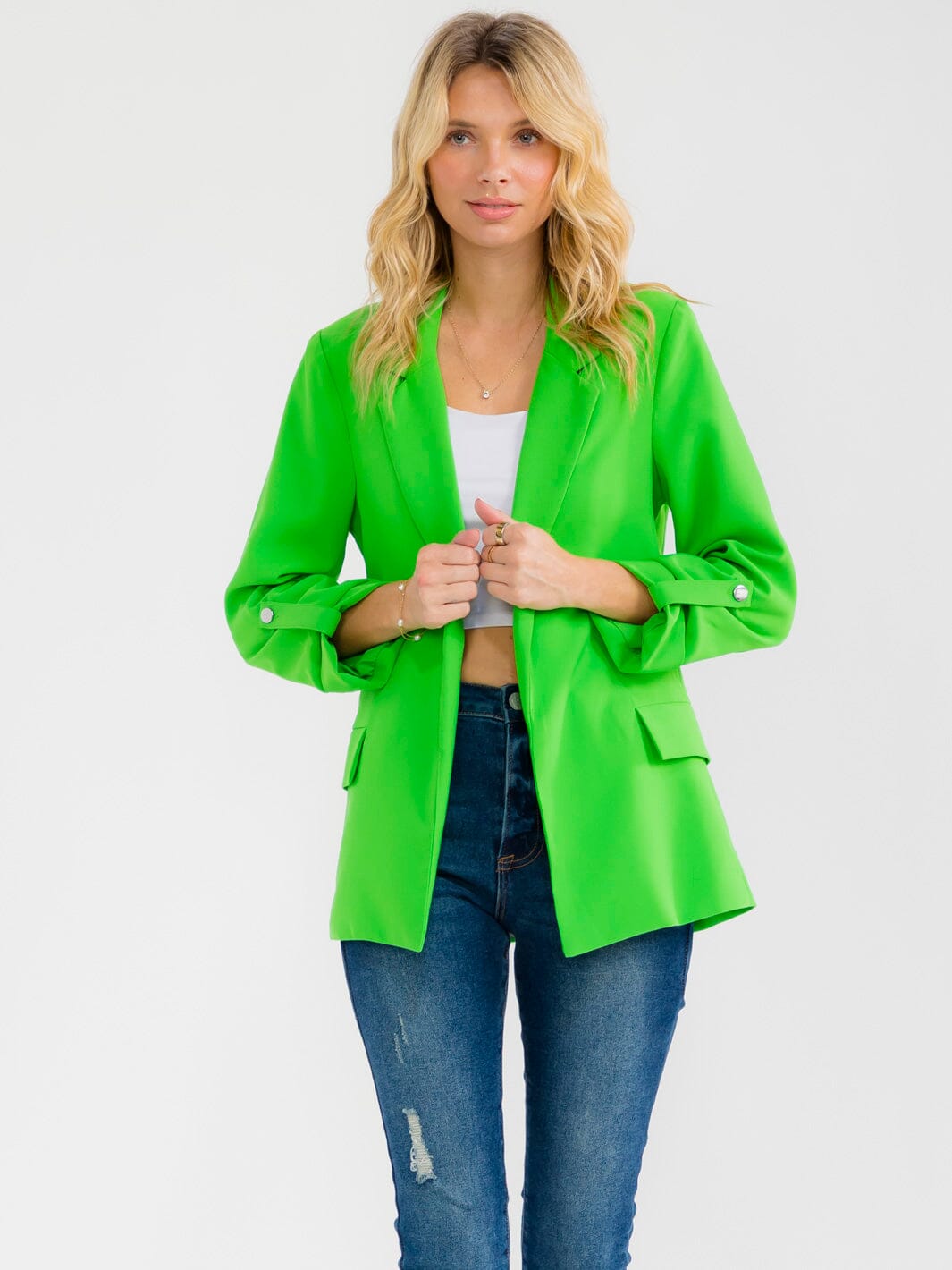 WOMEN'S 3/4 SLEEVE BUTTON CLOSURE FRONT POCKETS BLAZERS