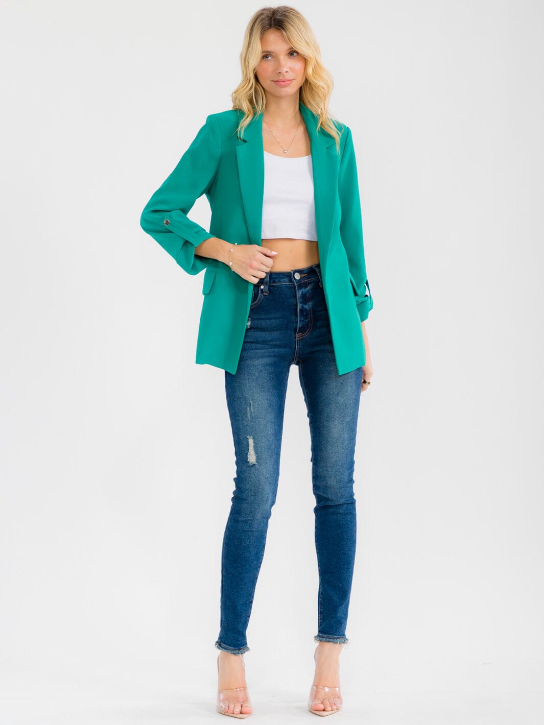 WOMEN'S 3/4 SLEEVE BUTTON CLOSURE FRONT POCKETS BLAZERS