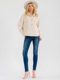 WOMEN'S LONG SLEEVE BUTTON CLOSURE FRONT POCKETS DISTRESS DENIM JACKET