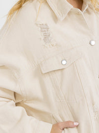 WOMEN'S LONG SLEEVE BUTTON CLOSURE FRONT POCKETS DISTRESS DENIM JACKET