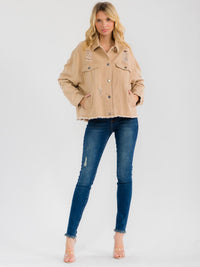 WOMEN'S LONG SLEEVE BUTTON CLOSURE FRONT POCKETS DISTRESS DENIM JACKET