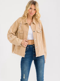 WOMEN'S LONG SLEEVE BUTTON CLOSURE FRONT POCKETS DISTRESS DENIM JACKET