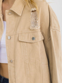 WOMEN'S LONG SLEEVE BUTTON CLOSURE FRONT POCKETS DISTRESS DENIM JACKET