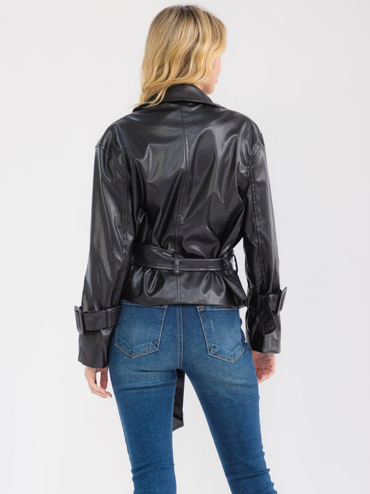 WOMEN'S LONG SLEEVE BELTED PU PLEATHER JACKET