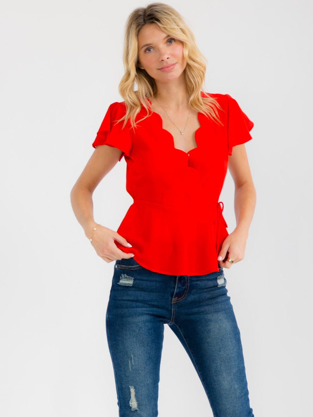 WOMEN'S SHORT RUFFLE SLEEVE SURPLICE NECK DETAILED PEPLUM BLOUSE