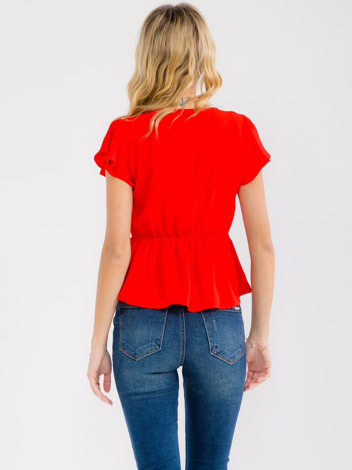 WOMEN'S SHORT RUFFLE SLEEVE SURPLICE NECK DETAILED PEPLUM BLOUSE