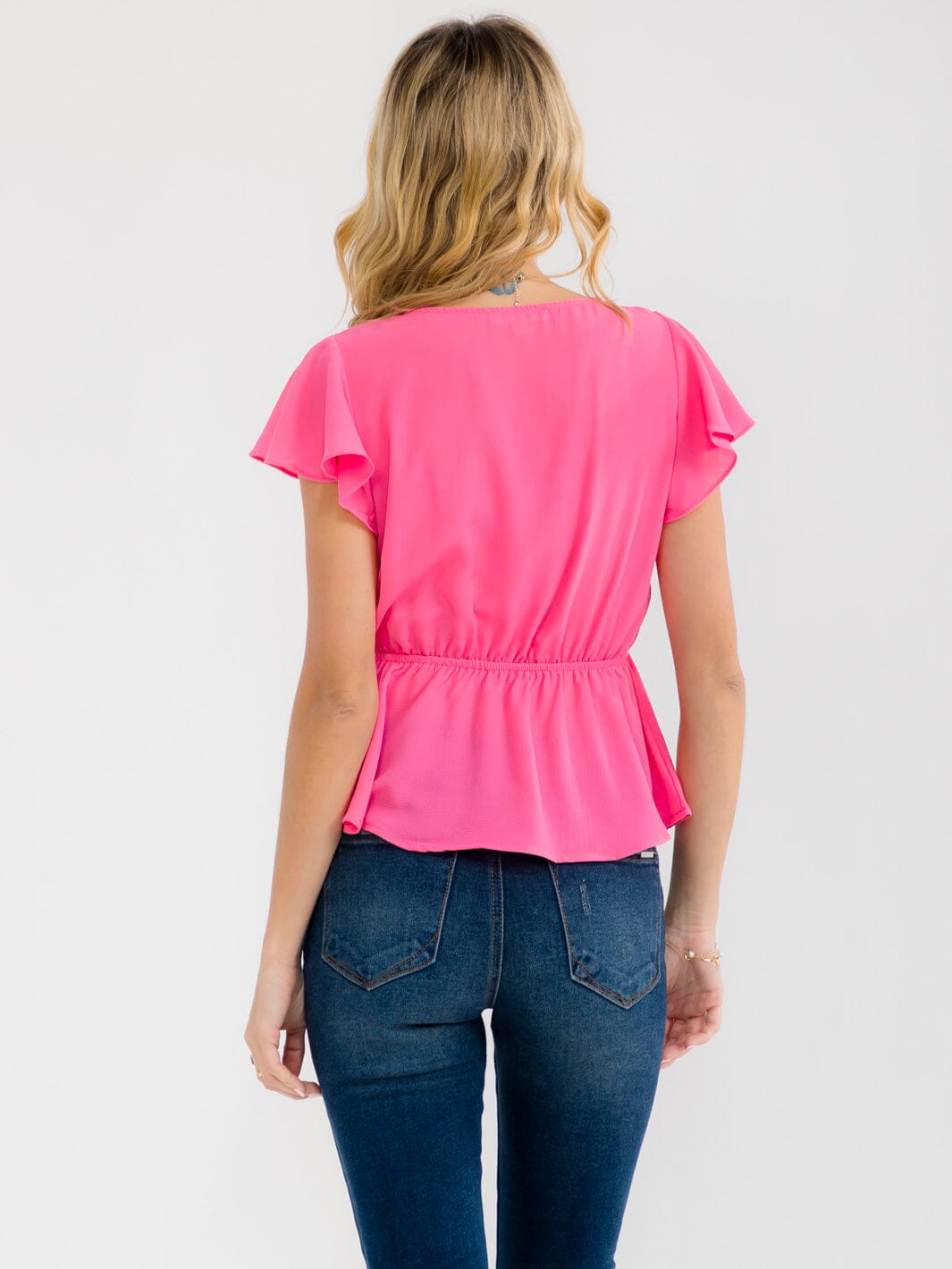 WOMEN'S SHORT RUFFLE SLEEVE SURPLICE NECK DETAILED PEPLUM BLOUSE