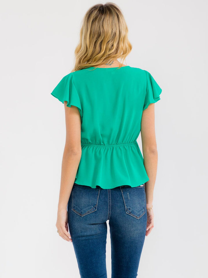 WOMEN'S SHORT RUFFLE SLEEVE SURPLICE NECK DETAILED PEPLUM BLOUSE