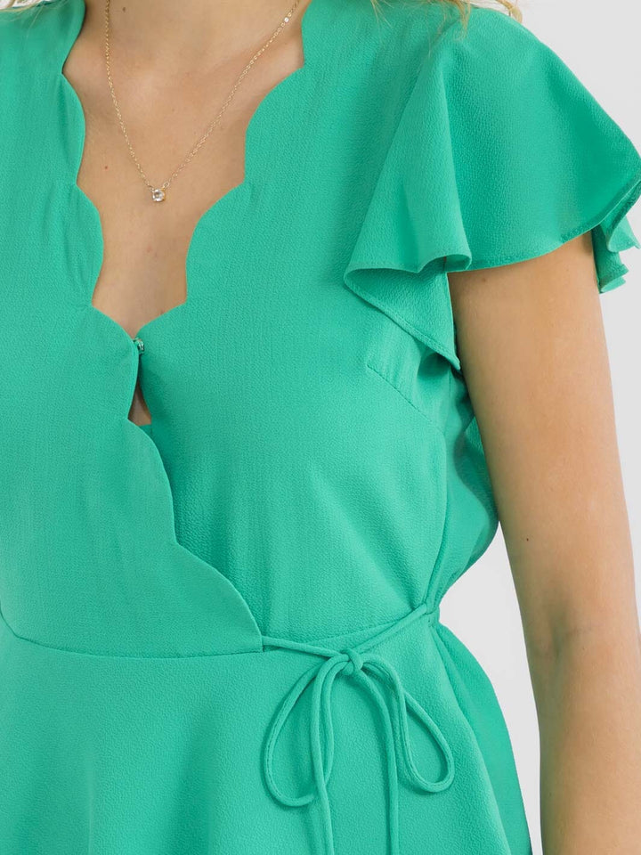 WOMEN'S SHORT RUFFLE SLEEVE SURPLICE NECK DETAILED PEPLUM BLOUSE