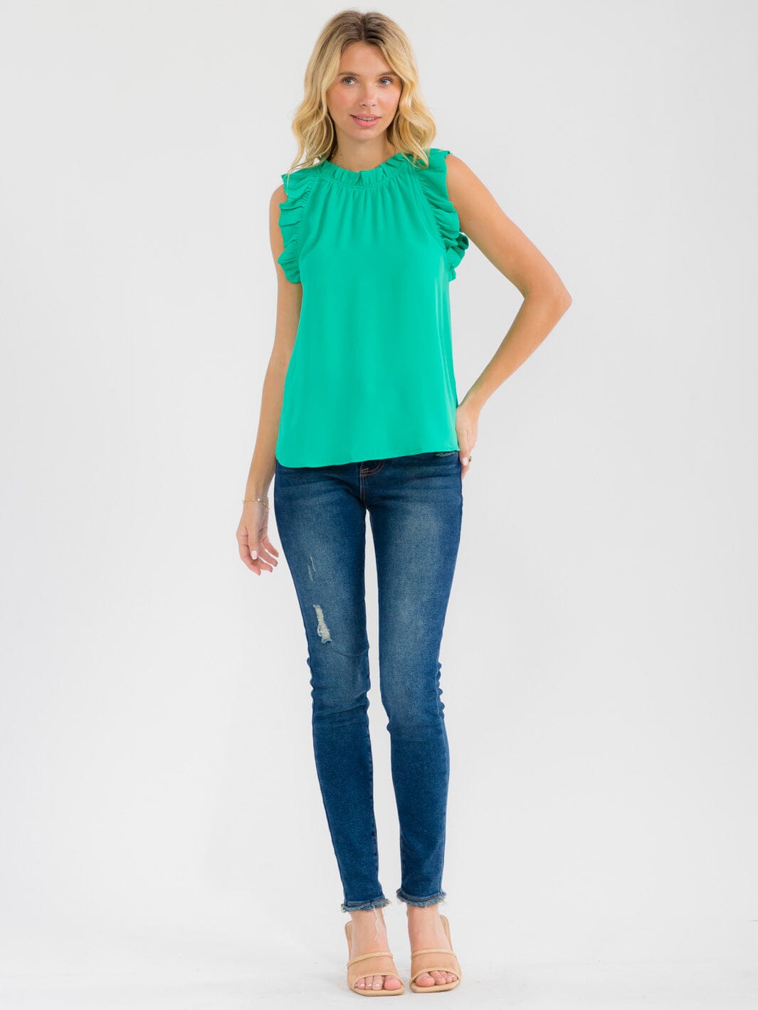 WOMEN'S RUFFLE SLEEVE NECK TRIM DETAILED BLOUSE