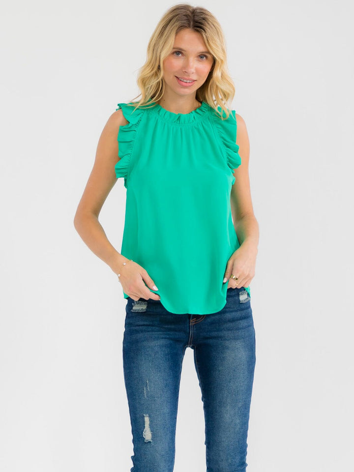 WOMEN'S RUFFLE SLEEVE NECK TRIM DETAILED BLOUSE