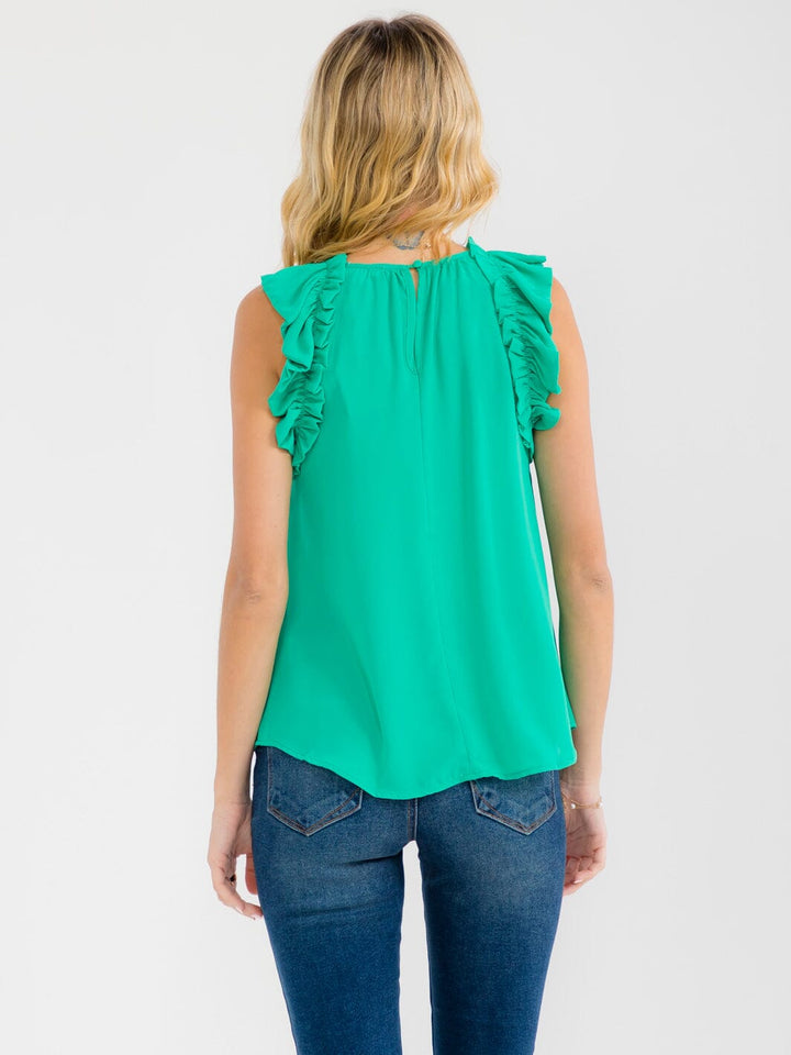 WOMEN'S RUFFLE SLEEVE NECK TRIM DETAILED BLOUSE
