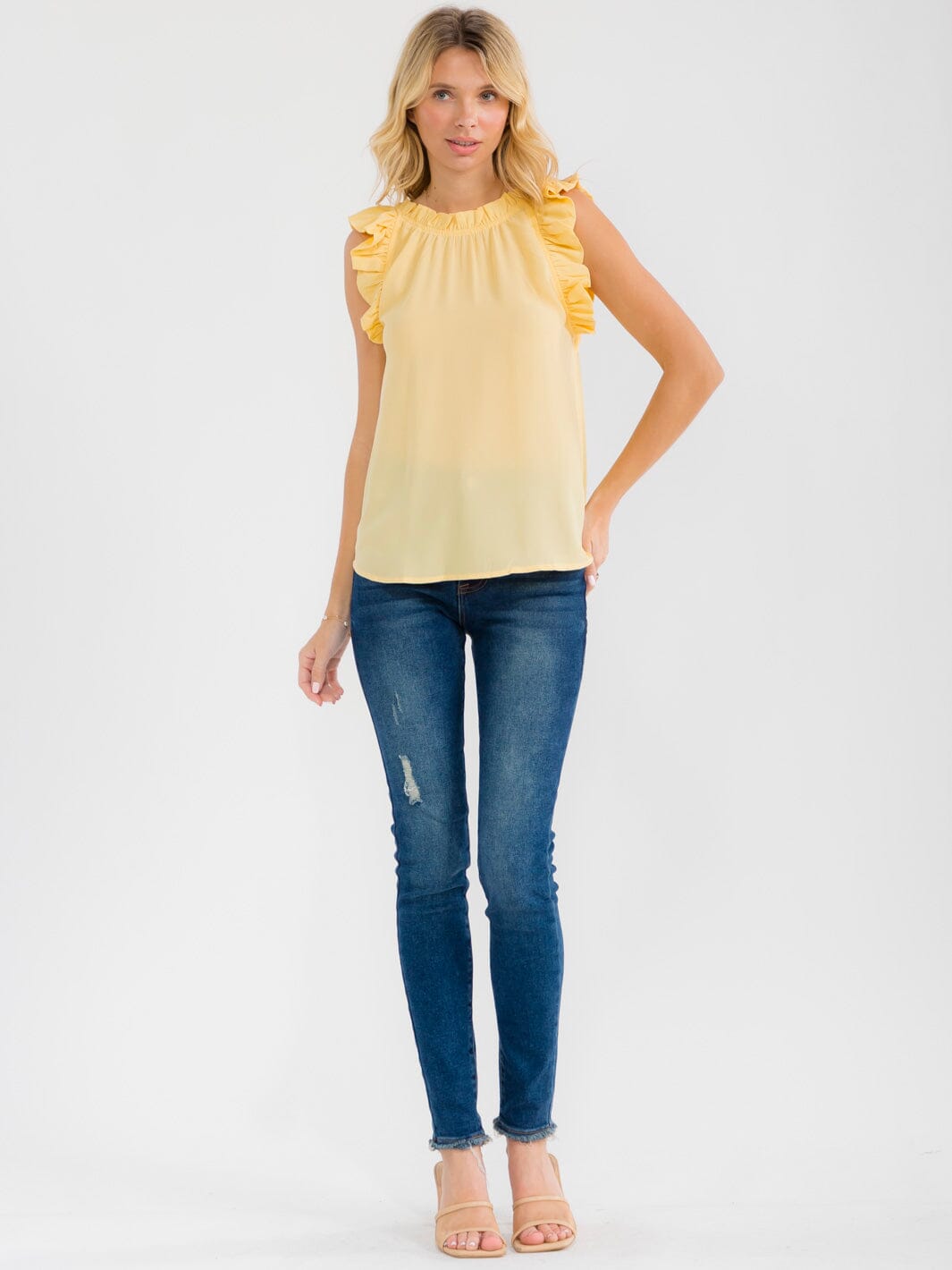 WOMEN'S RUFFLE SLEEVE NECK TRIM DETAILED BLOUSE