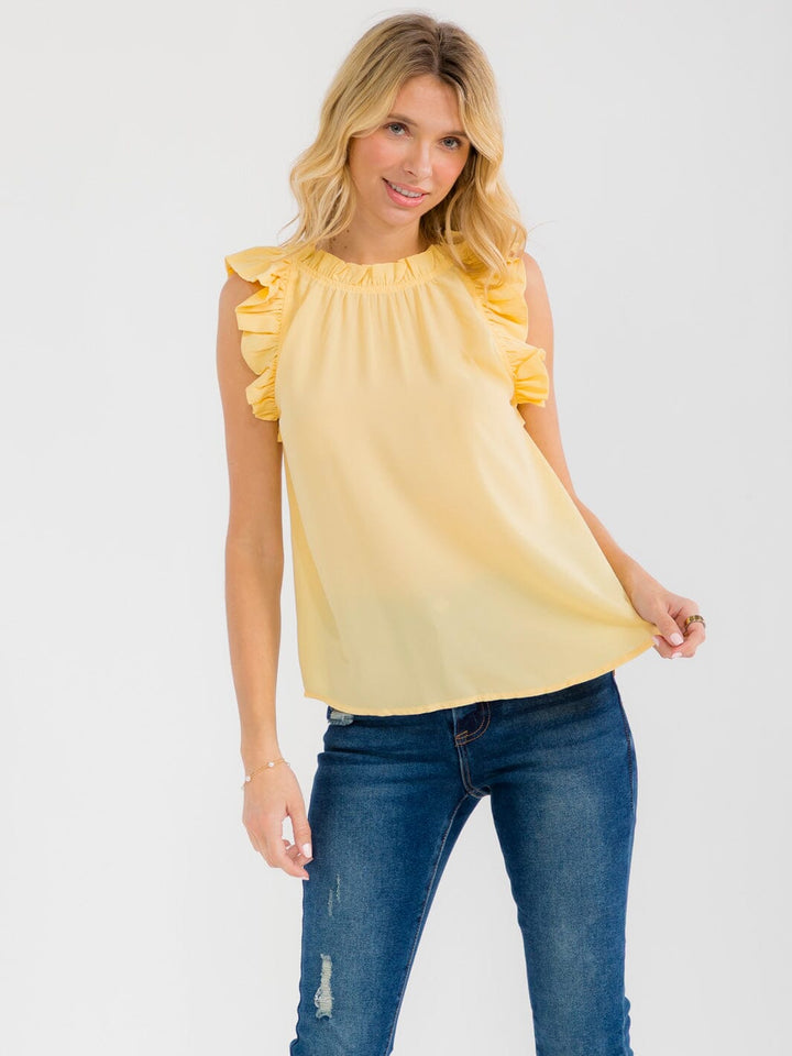 WOMEN'S RUFFLE SLEEVE NECK TRIM DETAILED BLOUSE