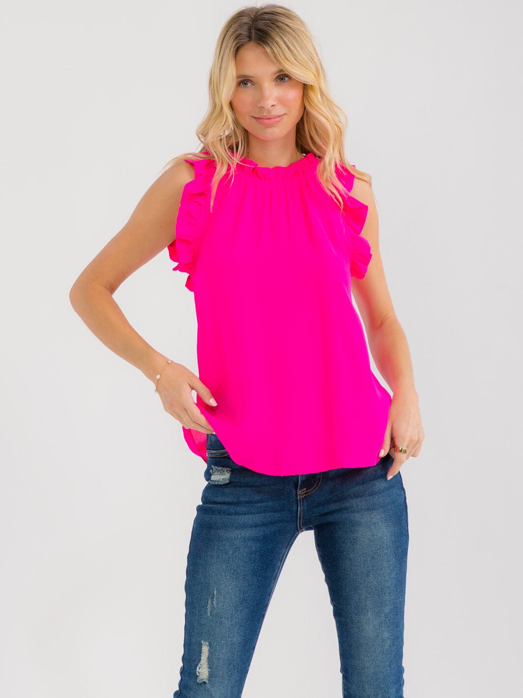 WOMEN'S RUFFLE SLEEVE NECK TRIM DETAILED BLOUSE
