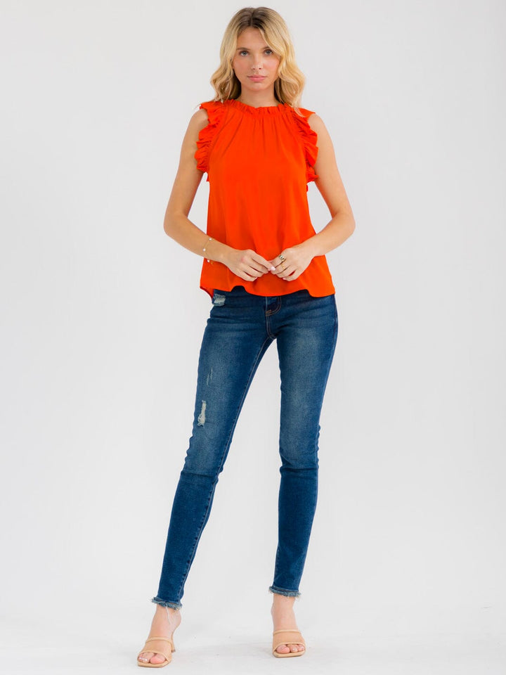 WOMEN'S RUFFLE SLEEVE NECK TRIM DETAILED BLOUSE