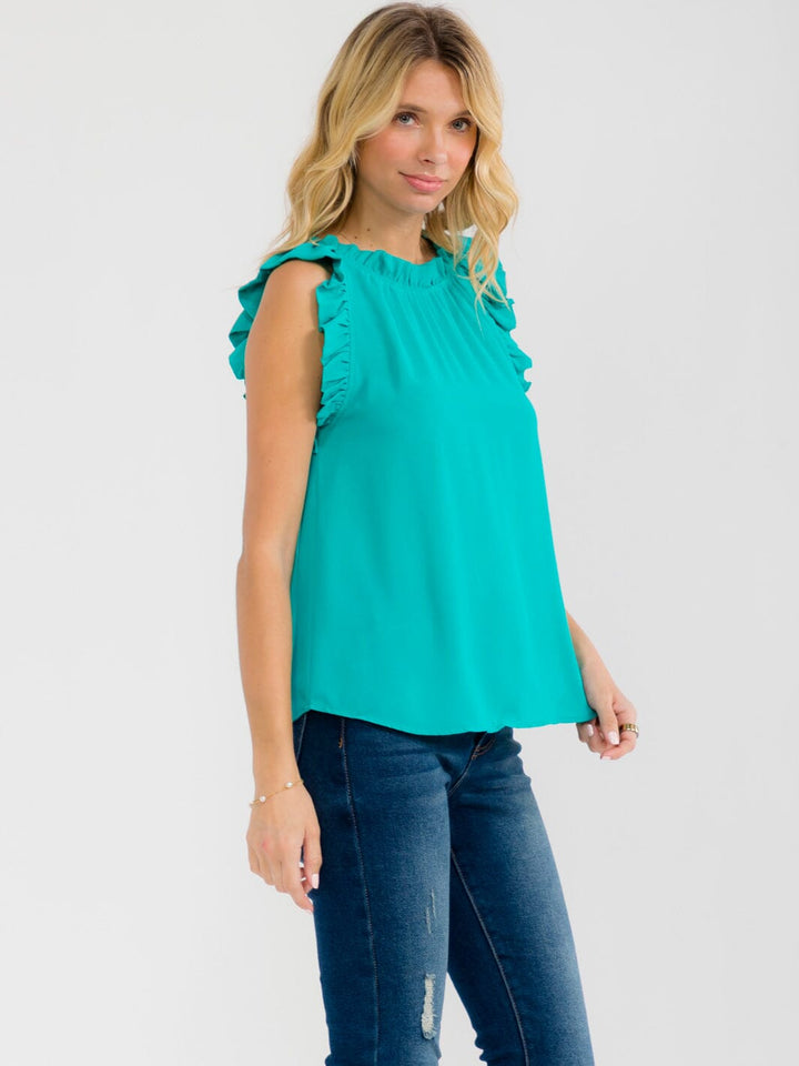 WOMEN'S RUFFLE SLEEVE NECK TRIM DETAILED BLOUSE