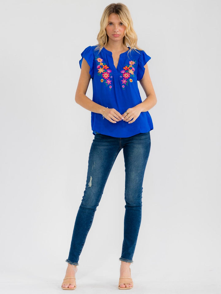WOMEN'S SHORT SLEEVE V-NECK EMBROIDERY FLORAL BLOUSE