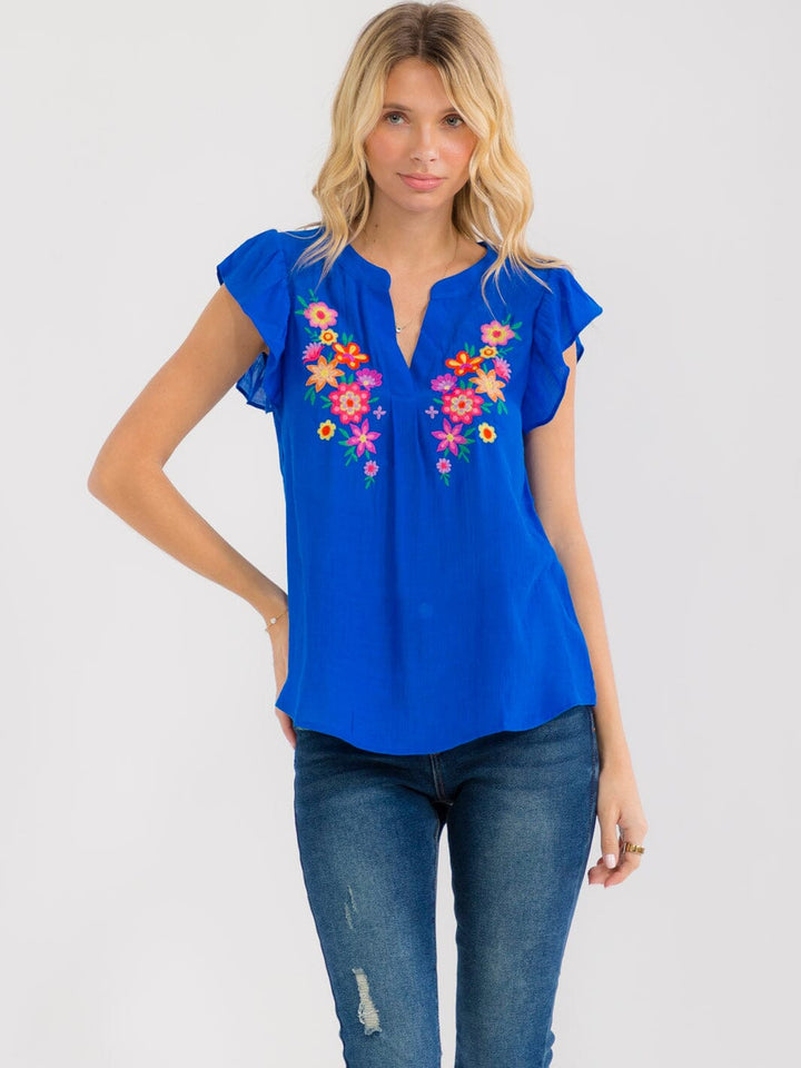 WOMEN'S SHORT SLEEVE V-NECK EMBROIDERY FLORAL BLOUSE