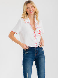 WOMEN'S SHORT SLEEVE BUTTON UP FRONT POCKET EMBROIDERY BLOUSE