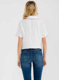 WOMEN'S SHORT SLEEVE BUTTON UP FRONT POCKET EMBROIDERY BLOUSE
