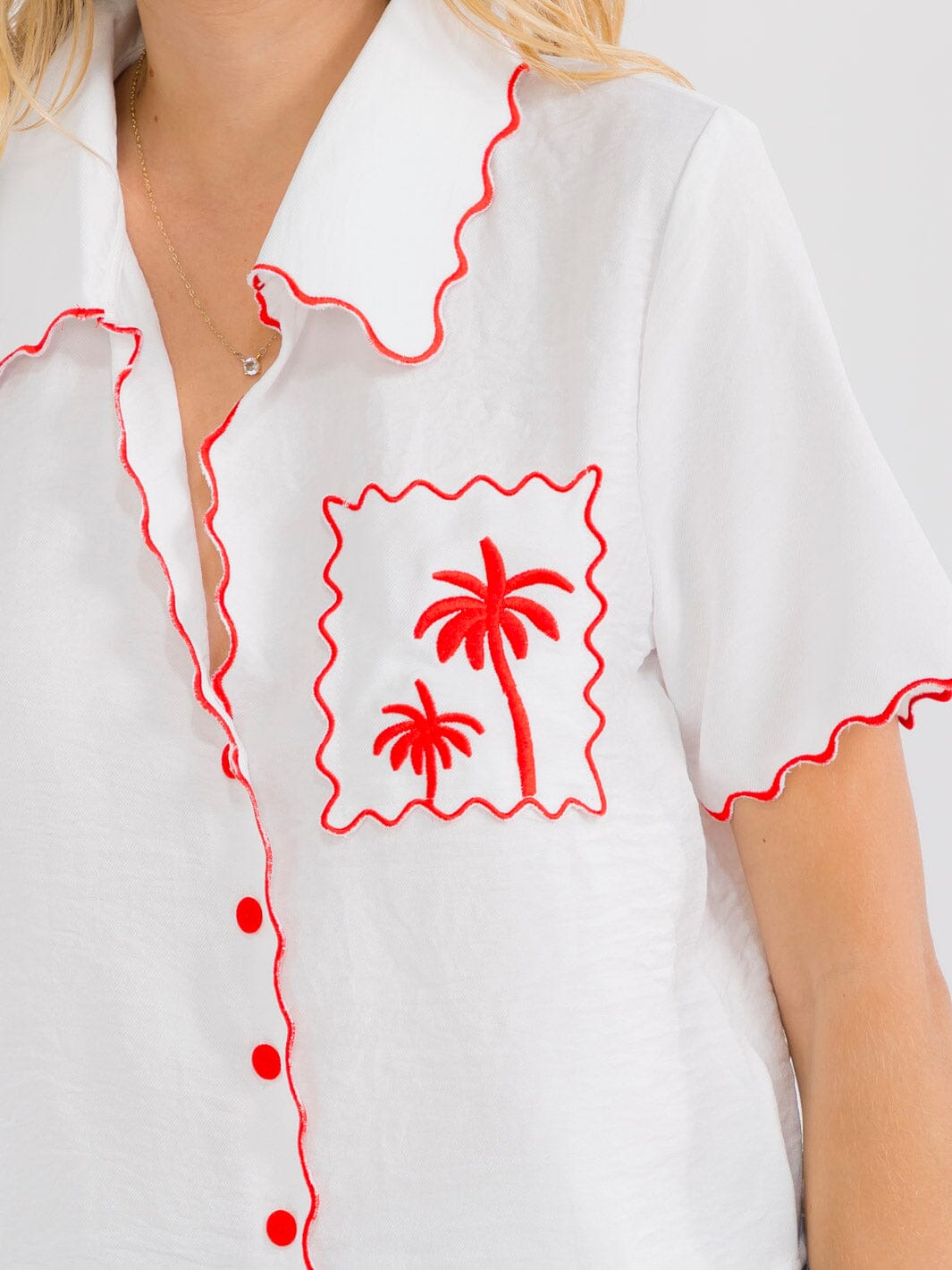 WOMEN'S SHORT SLEEVE BUTTON UP FRONT POCKET EMBROIDERY BLOUSE