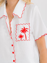 WOMEN'S SHORT SLEEVE BUTTON UP FRONT POCKET EMBROIDERY BLOUSE