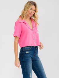 WOMEN'S SHORT SLEEVE BUTTON UP FRONT POCKET EMBROIDERY BLOUSE