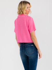 WOMEN'S SHORT SLEEVE BUTTON UP FRONT POCKET EMBROIDERY BLOUSE