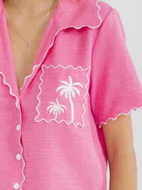 WOMEN'S SHORT SLEEVE BUTTON UP FRONT POCKET EMBROIDERY BLOUSE