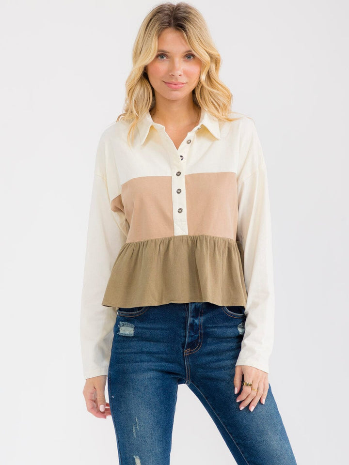 WOMEN'S LONG SLEEVE BUTTON UP TIERED COLORBLOCK BLOUSE