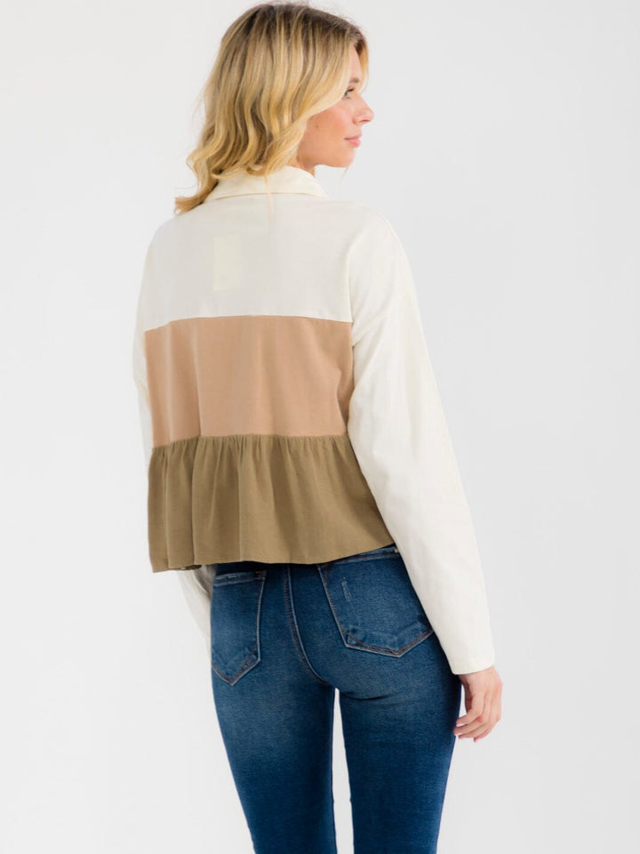 WOMEN'S LONG SLEEVE BUTTON UP TIERED COLORBLOCK BLOUSE