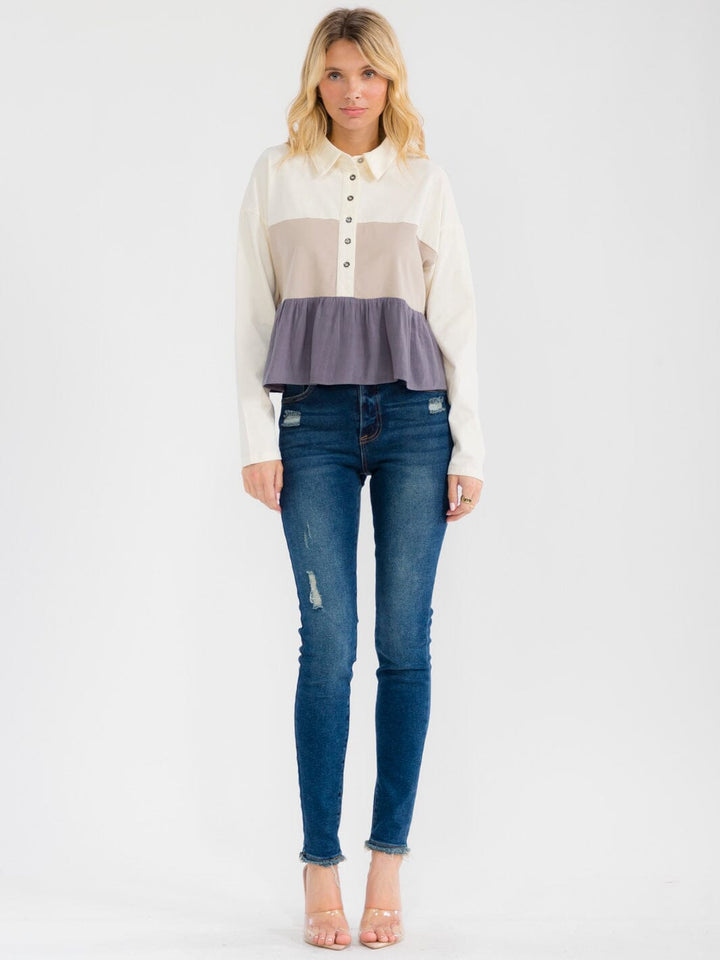 WOMEN'S LONG SLEEVE BUTTON UP TIERED COLORBLOCK BLOUSE