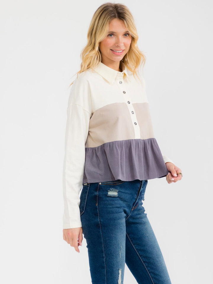 WOMEN'S LONG SLEEVE BUTTON UP TIERED COLORBLOCK BLOUSE