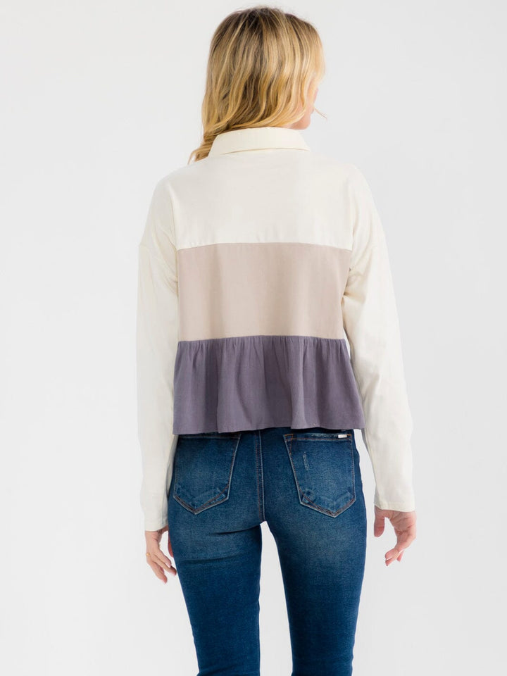 WOMEN'S LONG SLEEVE BUTTON UP TIERED COLORBLOCK BLOUSE