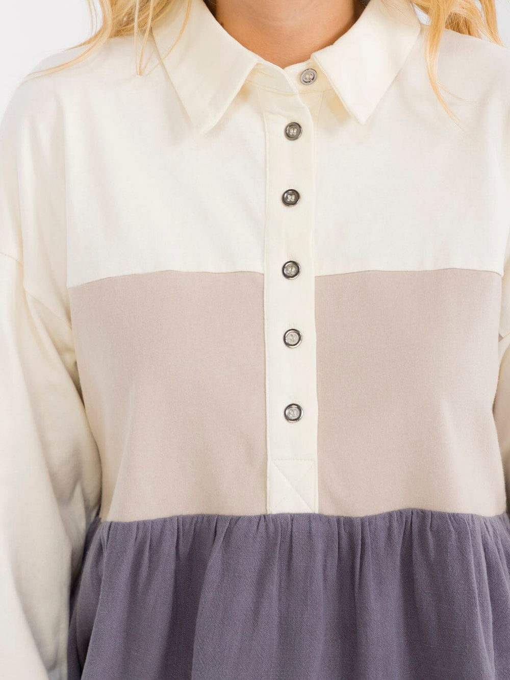 WOMEN'S LONG SLEEVE BUTTON UP TIERED COLORBLOCK BLOUSE