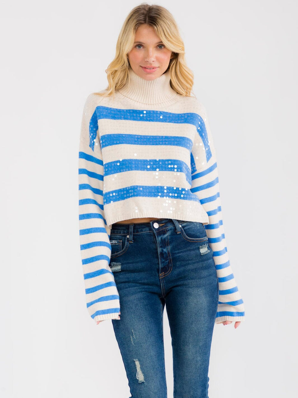 WOMEN'S LONG SLEEVE TURTLE NECK PULLOVER SEQUINS SWEATER