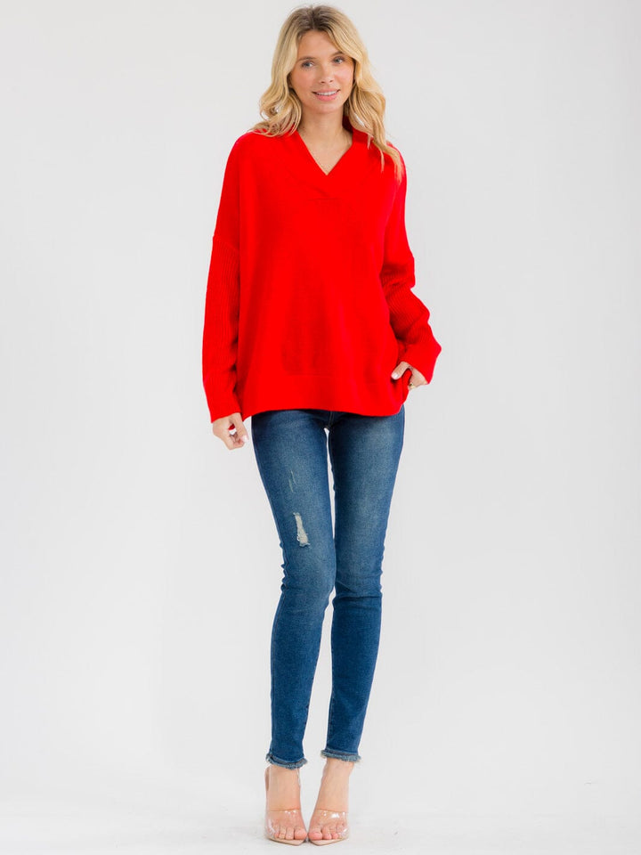 WOMEN'S LONG SLEEVE V-NECK PULLOVER KNIT SWEATER