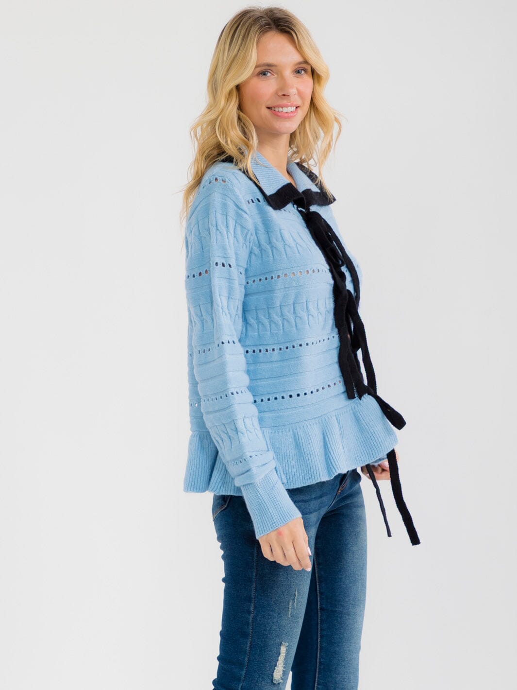 WOMEN'S LONG SLEEVE FRONT SELF TIE KNIT DETAILED PEPLUM TOP