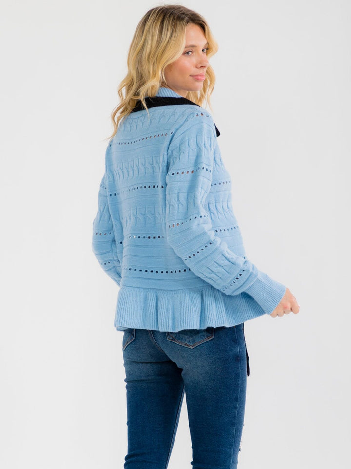 WOMEN'S LONG SLEEVE FRONT SELF TIE KNIT DETAILED PEPLUM TOP