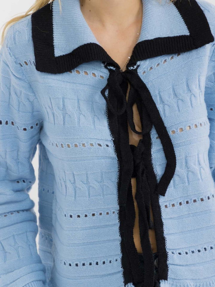WOMEN'S LONG SLEEVE FRONT SELF TIE KNIT DETAILED PEPLUM TOP