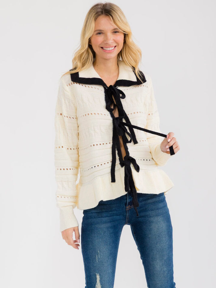 WOMEN'S LONG SLEEVE FRONT SELF TIE KNIT DETAILED PEPLUM TOP
