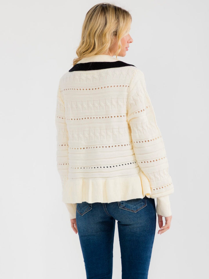 WOMEN'S LONG SLEEVE FRONT SELF TIE KNIT DETAILED PEPLUM TOP