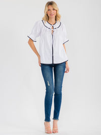 WOMEN'S SHORT SLEEVE V-NECK EMBROIDERY TRIM BLOUSE
