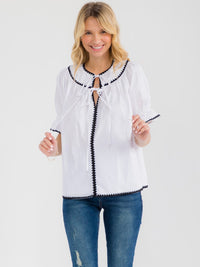 WOMEN'S SHORT SLEEVE V-NECK EMBROIDERY TRIM BLOUSE