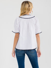 WOMEN'S SHORT SLEEVE V-NECK EMBROIDERY TRIM BLOUSE
