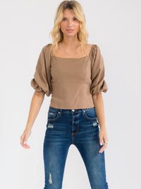 WOMEN'S SHORT PUFF SLEEVE SQUARE NECK OPEN BACK LINEN TOP