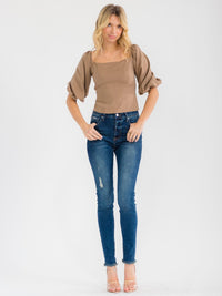WOMEN'S SHORT PUFF SLEEVE SQUARE NECK OPEN BACK LINEN TOP